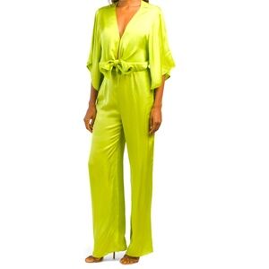 YFB Breezy Sleeve Satin Lime Green Plunging One Piece Pants Jumpsuit Pockets